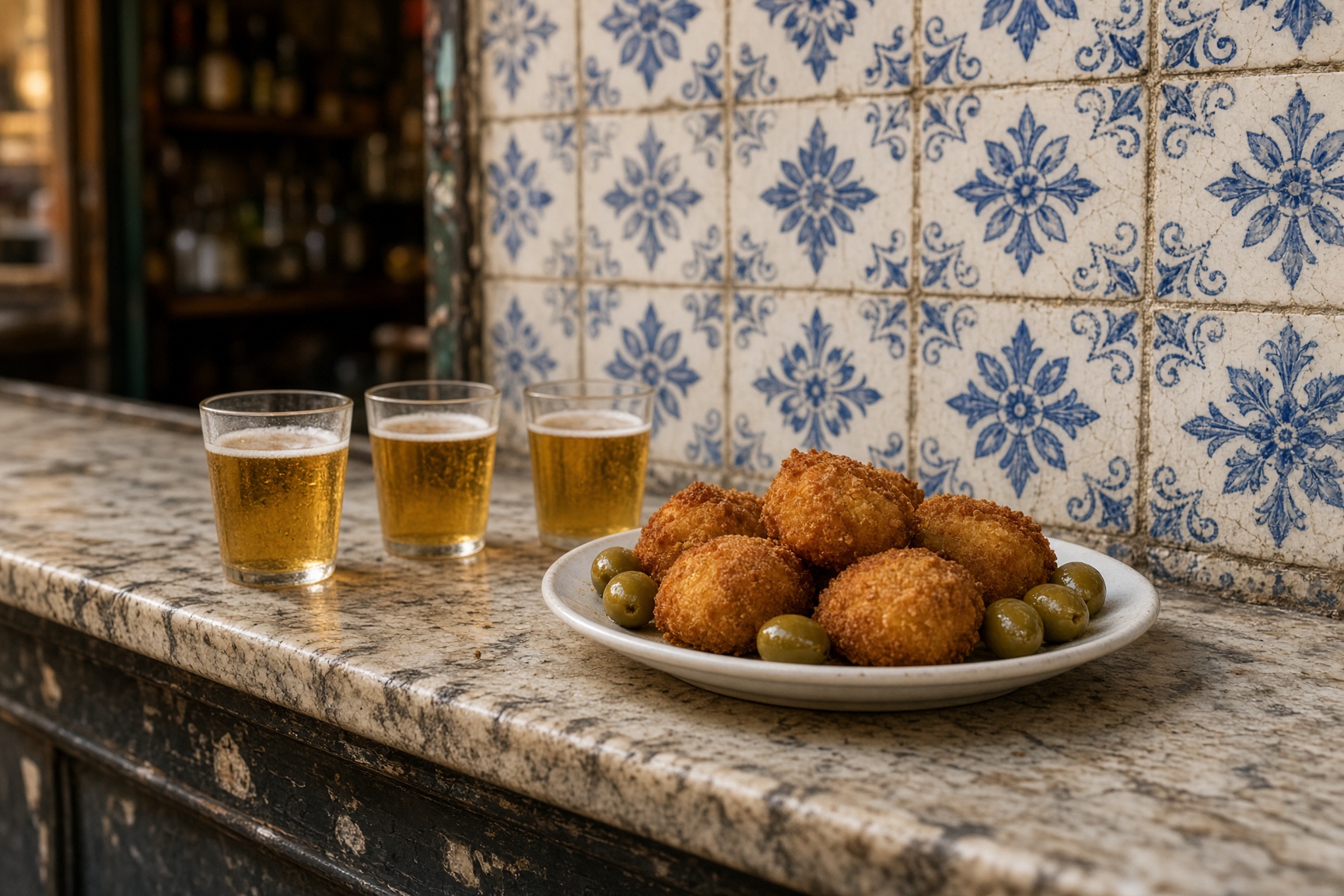 A worn marble bar with three small glasses of beer and a plate of fried snacks and olives against blue-and-white tiles.
