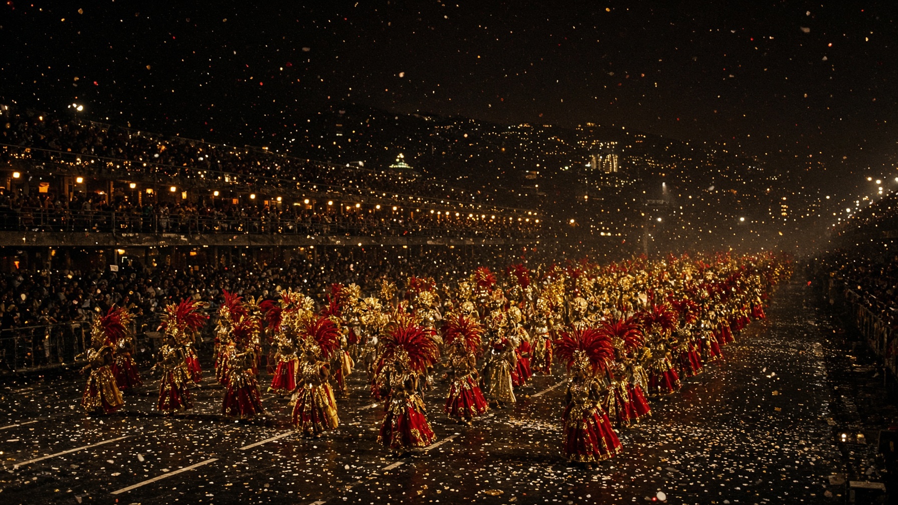 A packed nighttime parade avenue, gold costumes and city lights, seen from a distance.