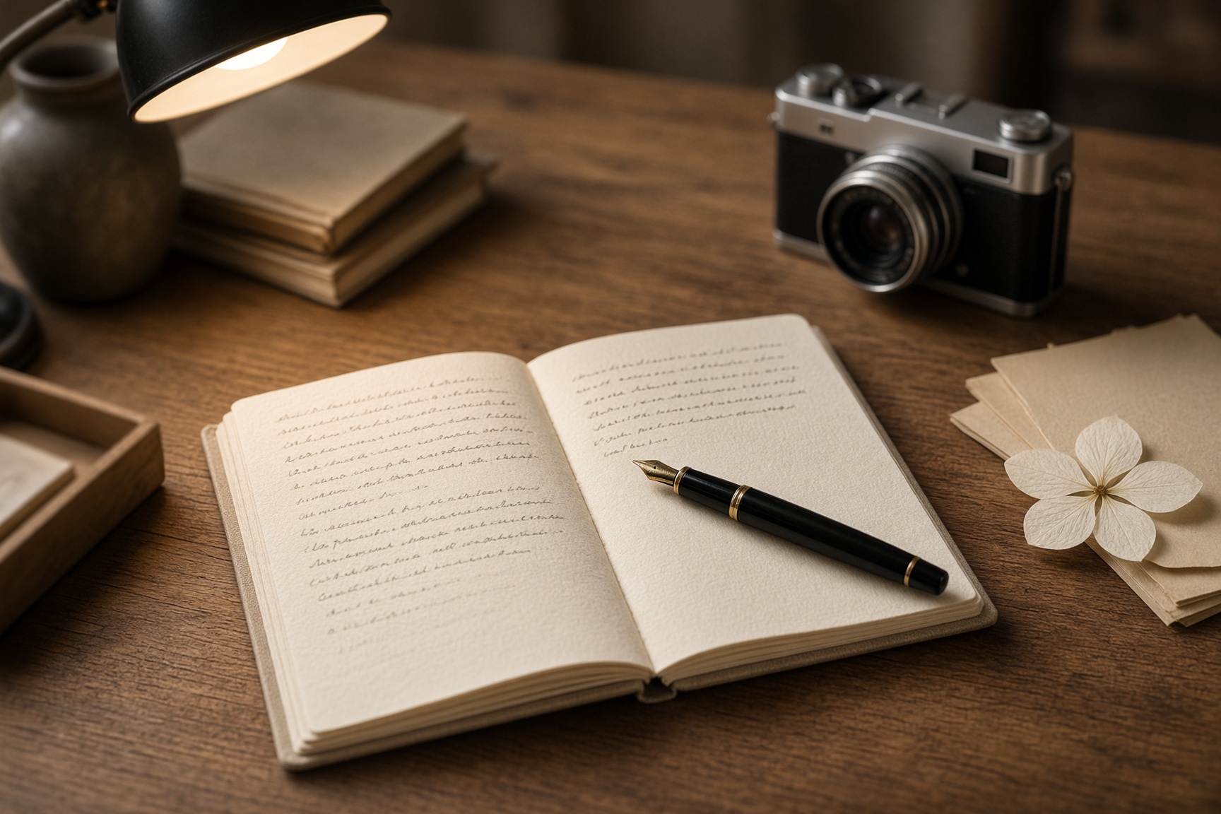 A quiet wooden desk with a notebook and fountain pen, a lamp on, nowhere else to be.