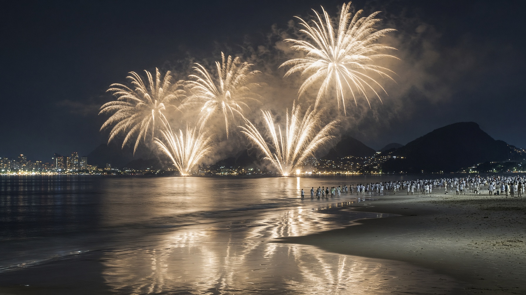 The Copacabana shoreline at night, fireworks over the Atlantic and the curve of the beach.