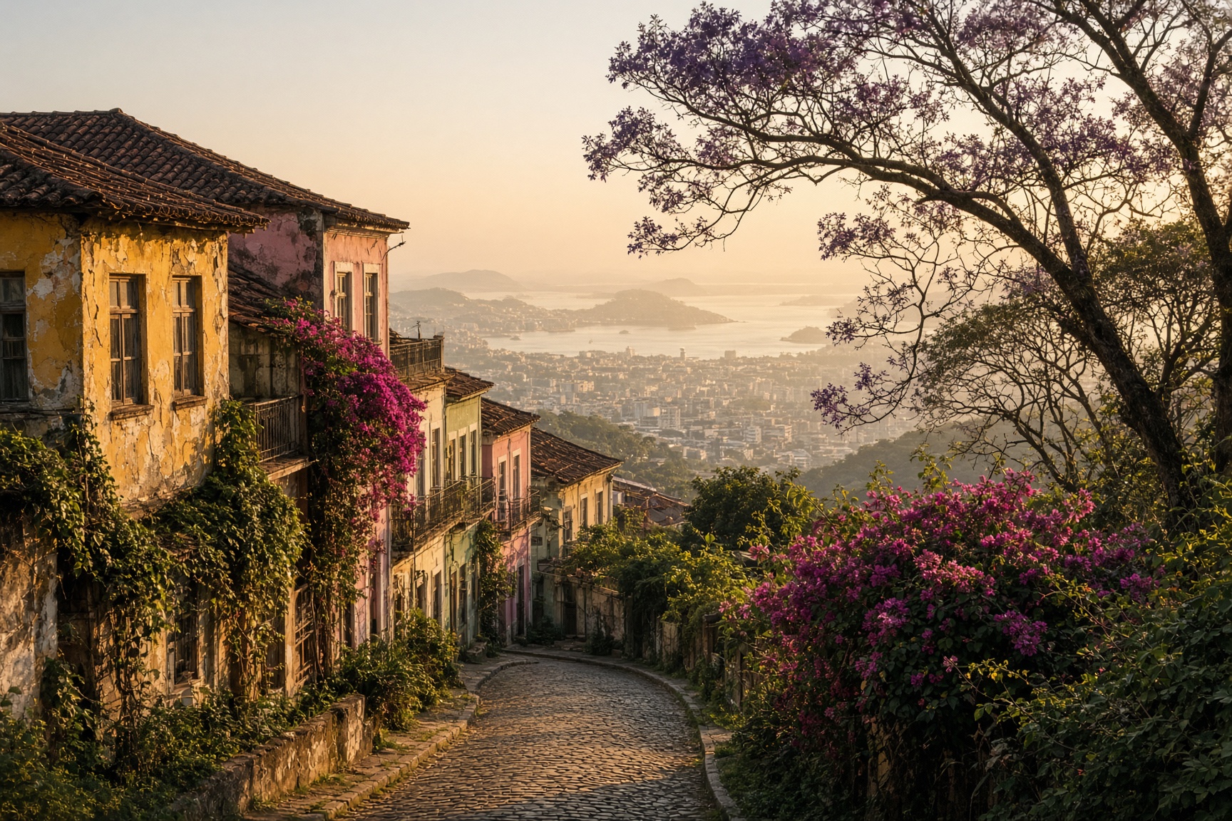 A cobbled street of colorful old houses in Santa Teresa at golden hour, jacaranda overhead and the bay far below.