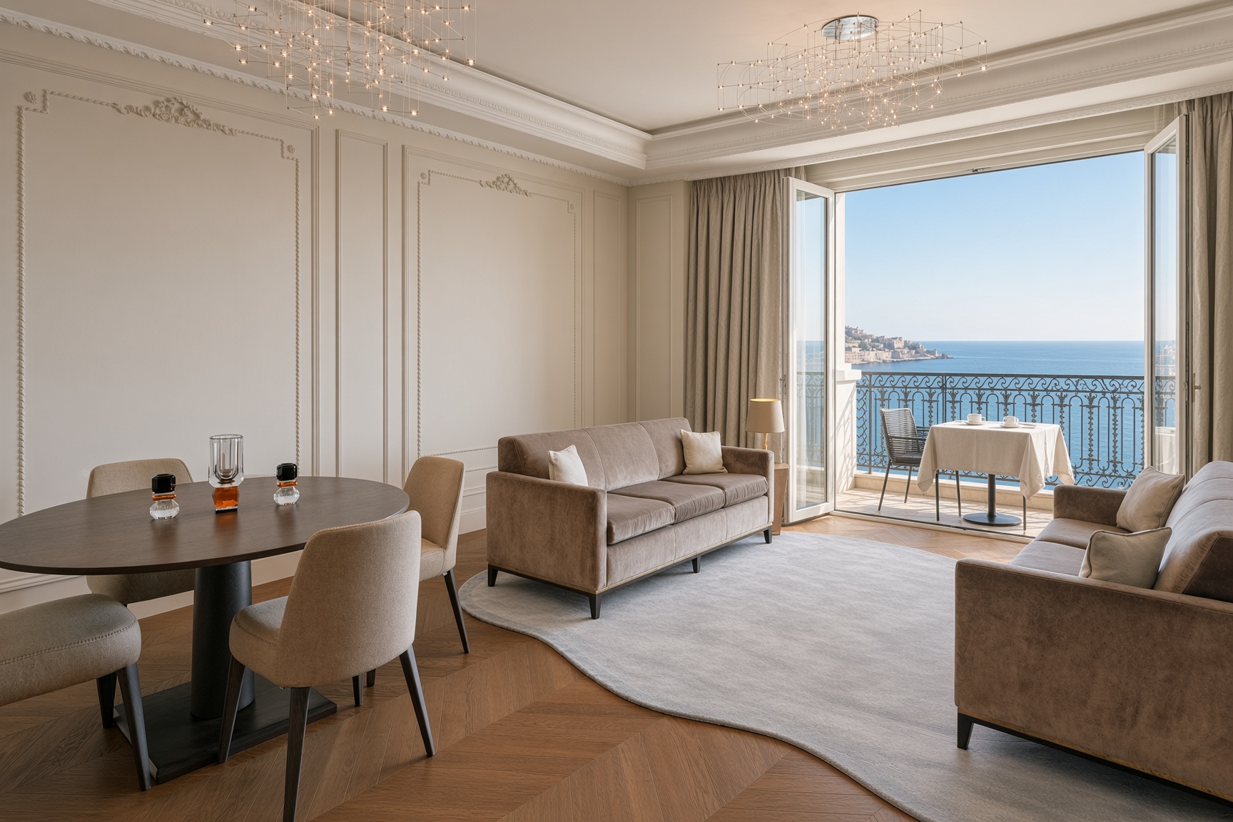 A sea-view suite at Hôtel de Paris Monte-Carlo, doors open to a small terrace and the Mediterranean in the morning.
