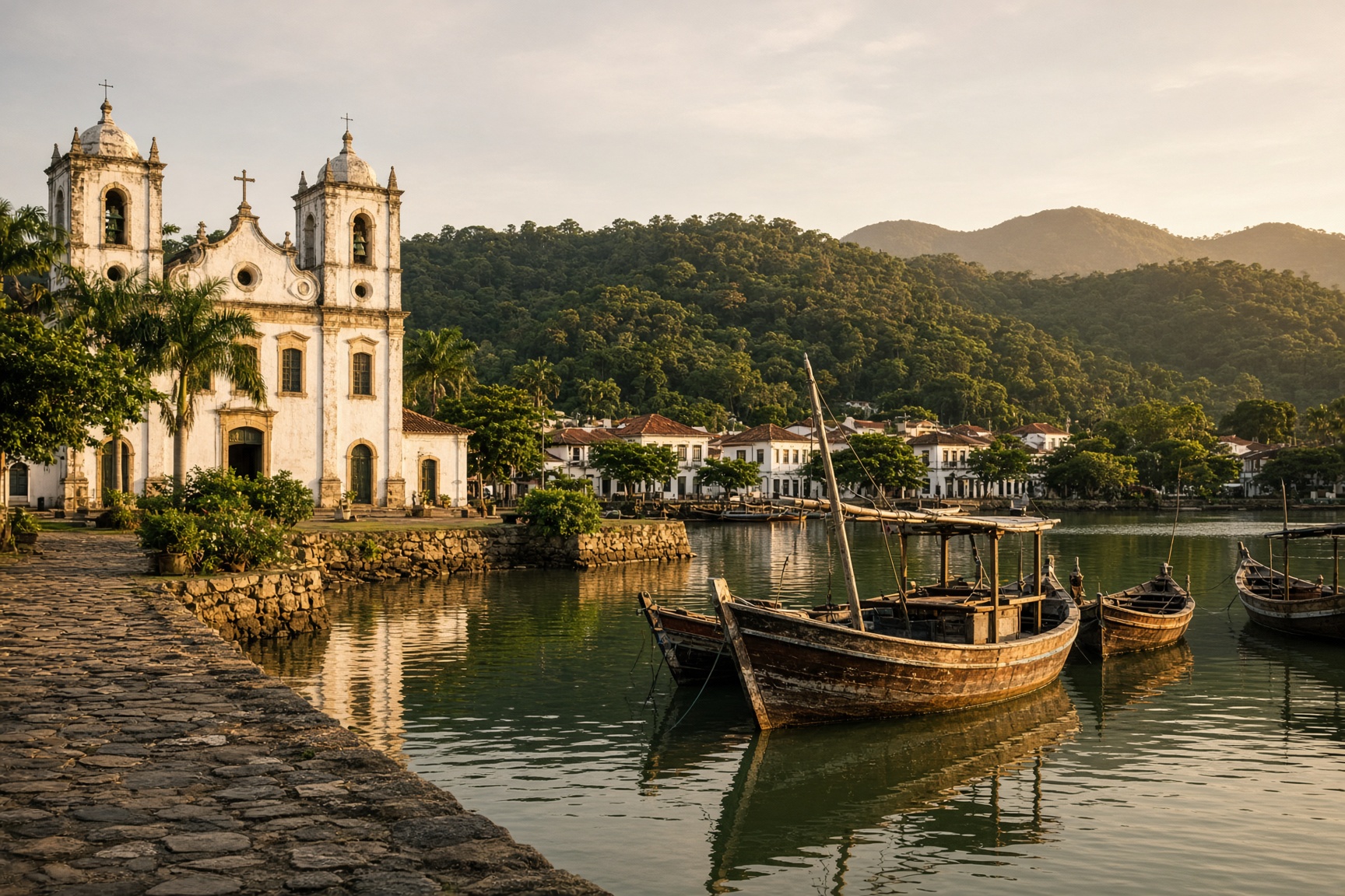 A colonial waterfront in Paraty with a white church, cobblestones, and wooden boats in calm water at golden hour.
