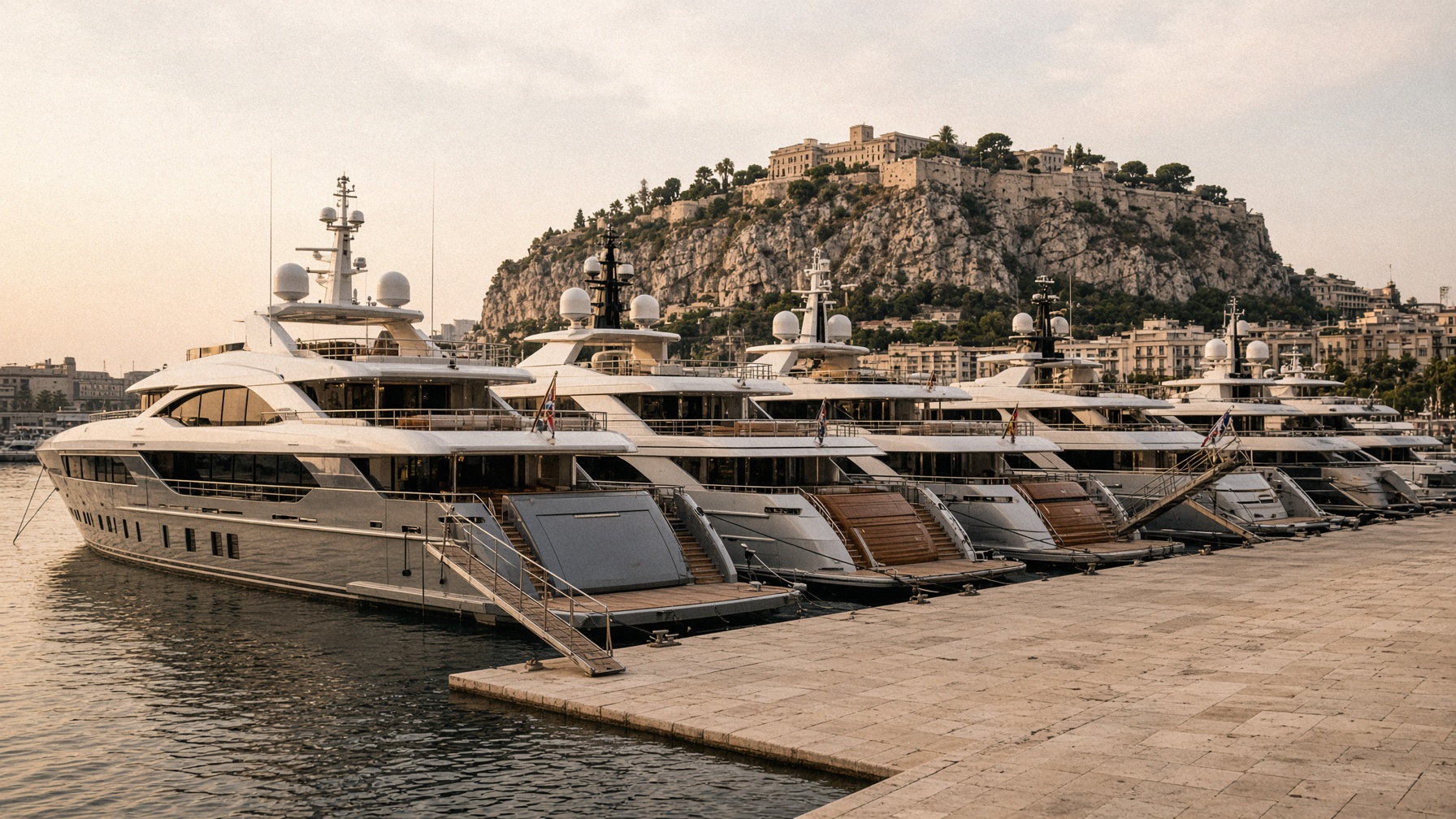 Superyachts moored stern-to along a stone quay at Port Hercule, late light, the Rock of Monaco in the distance.