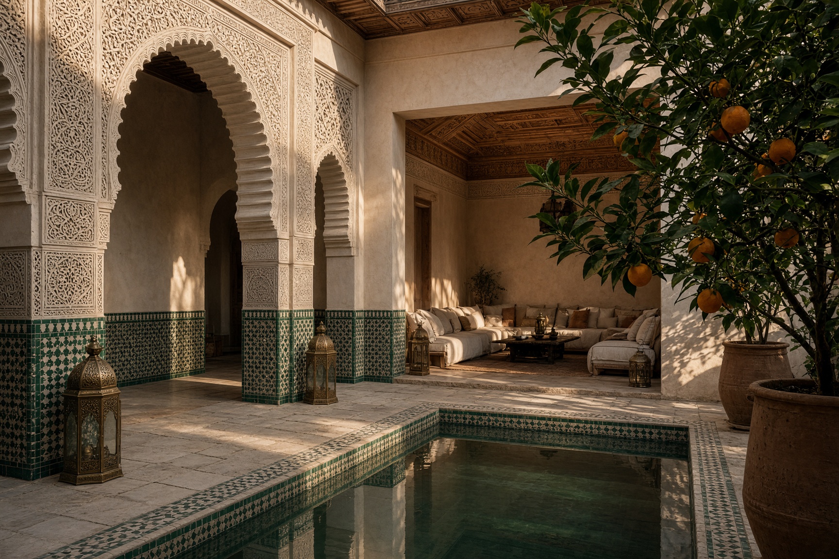 An empty Moroccan riad courtyard with a still pool, carved arches, orange trees, and a sitting room beyond.