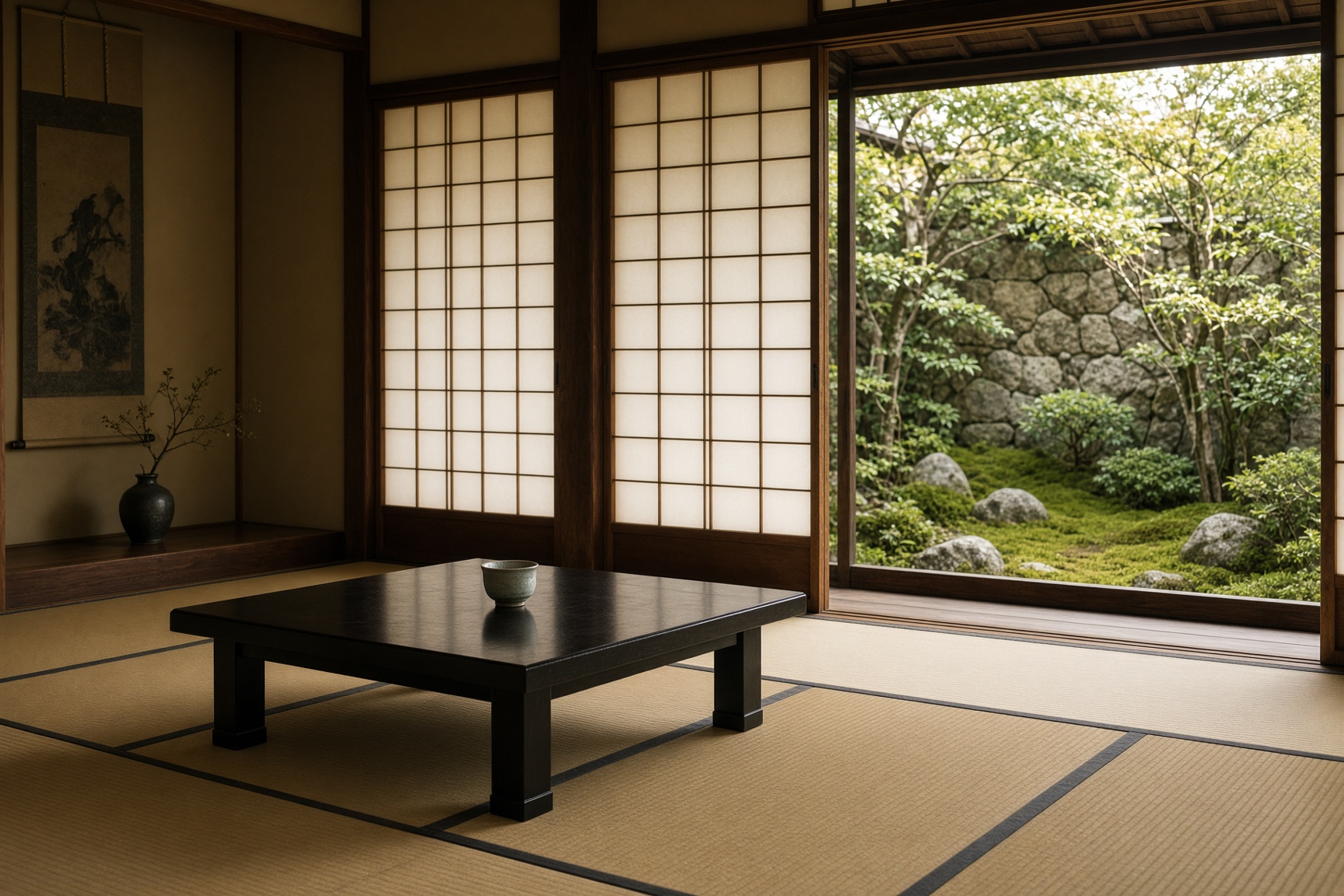 An empty tatami room in a ryokan, a low black table with one tea cup, shoji screens open onto a moss garden.