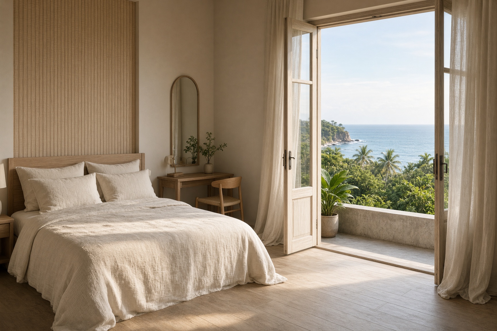 An empty luxury hotel bedroom in morning light, linen bedding, and open doors onto a balcony above a tropical coast.