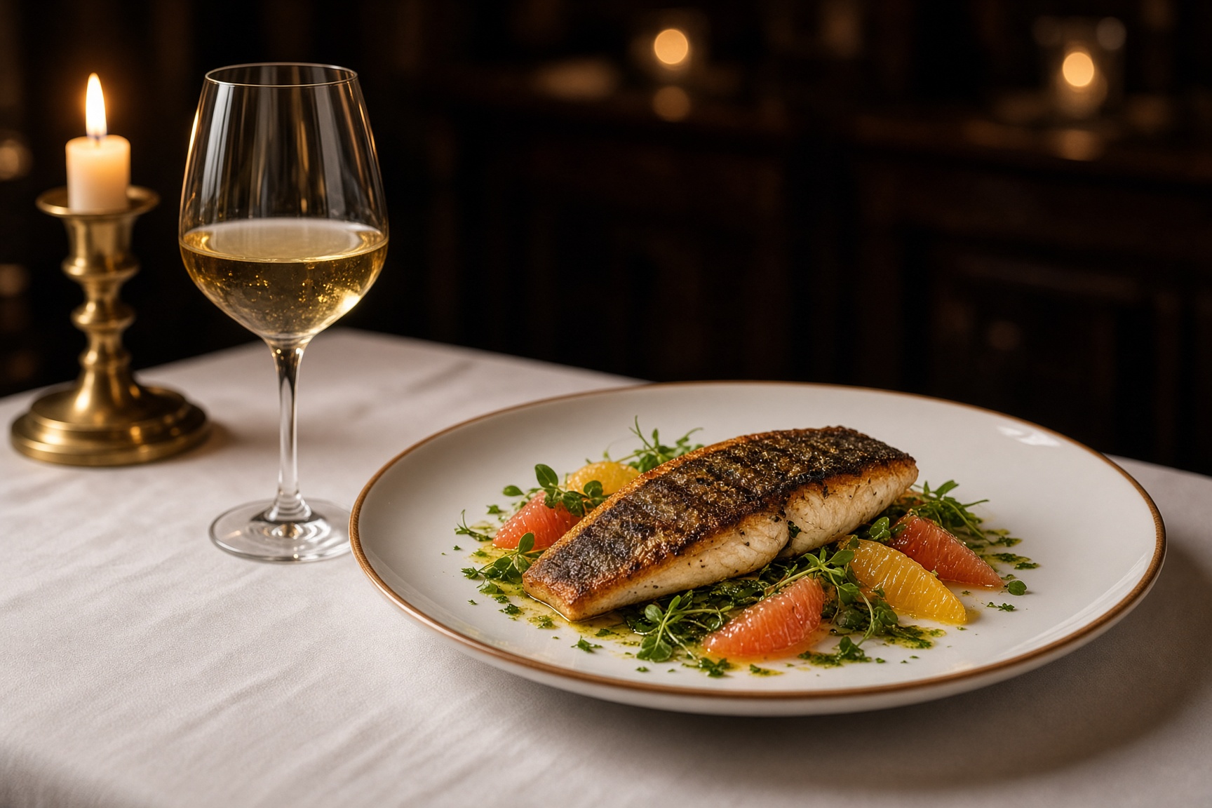 A formally set dining plate in low candlelight, linen bright against a dark room.