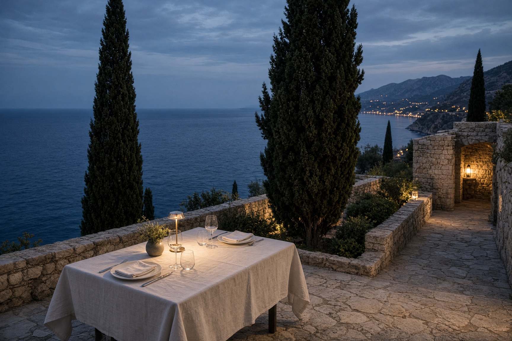 An empty linen-covered table on a stone terrace above the sea at dusk, cypress trees and distant lights along a coast.