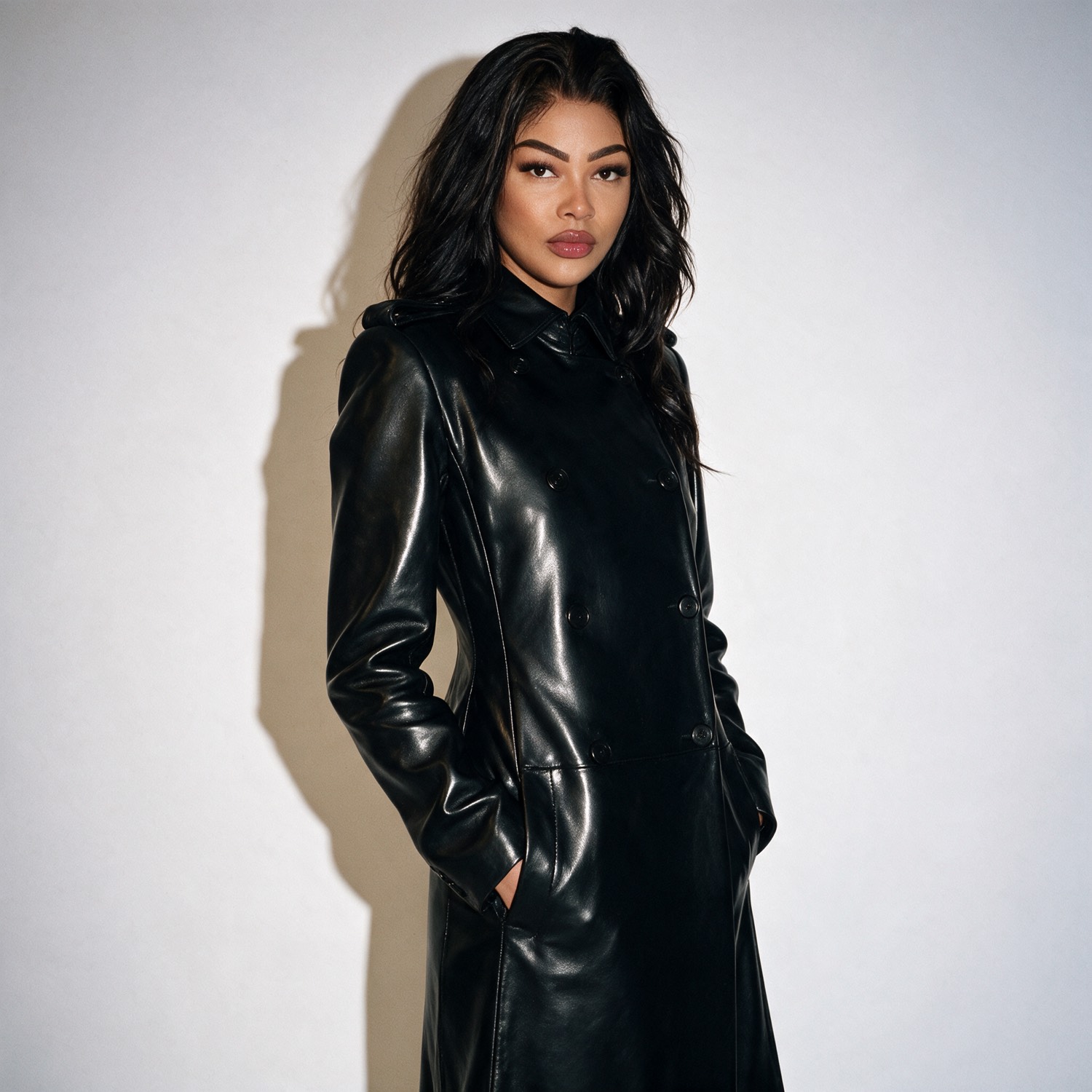 Val Okolu in a black leather coat, photographed by Gregory Farrell for KHAITE Resort 2026.